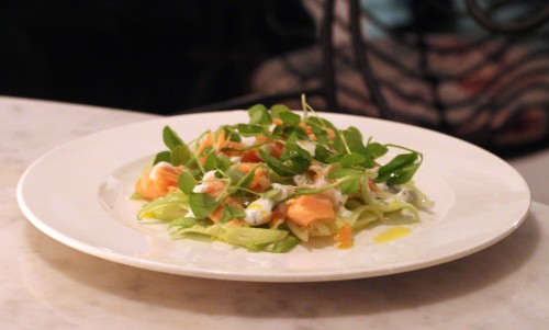 Poached salmon, fennel and lime salad, yoghurt dressing