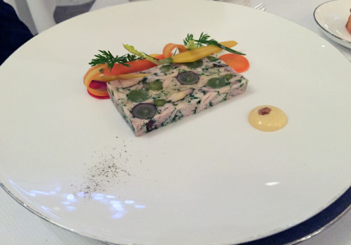 Pressed rabbit terrine, salad of pickled carrots, Welsh rarebit and English mustard