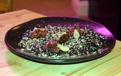 Raw Venison, earl grey tea, prunes, pickled onions, hazelnuts