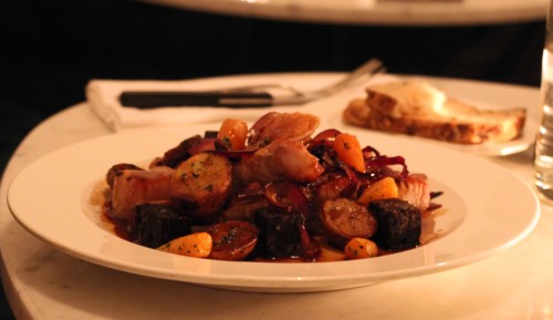 Roast daddleback pork chop, Cumbirna black pudding, carrots, apple and pork gravy