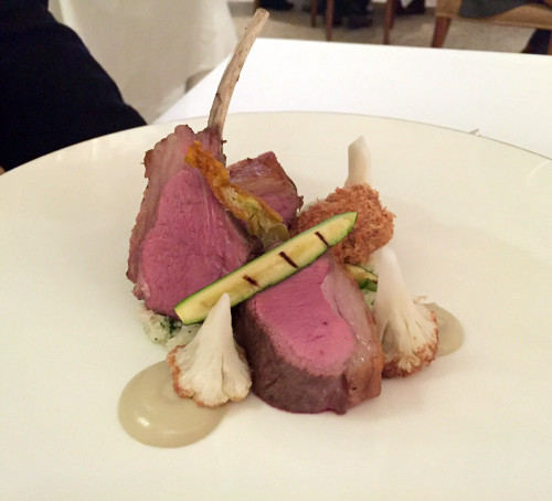 Salt marsh lamb, fried sweetbread, courgette, cauliflower and stichleton puree