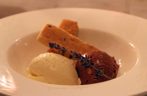 White & dark chocolate mousse with lavender shortbread