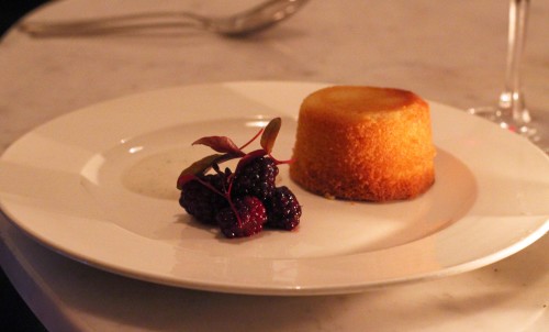 Lemon pudding, slow poached blackberries and vanilla yoghurt