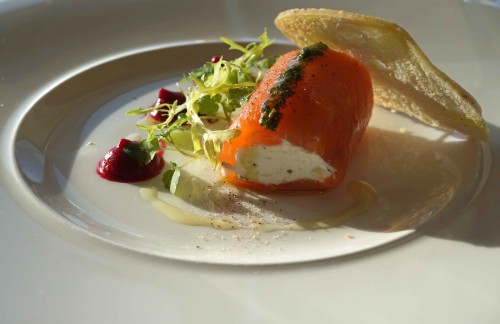Salmon, Cream Cheese, Beetroot Puree