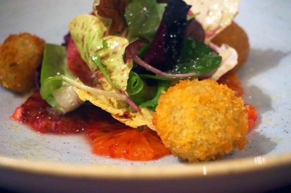 The Black Swan Ockham Blood orange, radicchio & blue vinny bon bons, citrus dressing