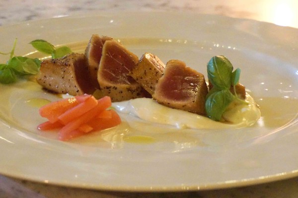 Seared tuna, soy & ginger dressing, pickled radish